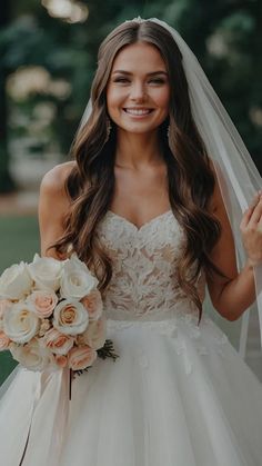 a woman in a wedding dress holding a bridal bouquet and smiling at the camera