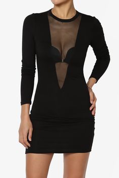 Everly Sheer Panel Bodycon Mini Dress BLACK_1 Night Out Dresses, Modern Streetwear, Jersey Long Sleeve, Casual Night Out, Streetwear Shop, Mesh Panel, Bodycon Mini Dress, Deep V, Night Out