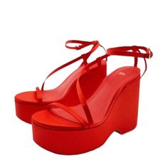 Zara Chunky Red Satin Strap Wedge Sandals Platform 2022 Size 40 Fit Size Us8.5 Or 9 Studded Combat Boots, Cowboy Ankle Boots, Heeled Espadrilles, Zara Heels, Sandals Platform, Braided Sandals, Chunky Sandals, Strap Wedge, Leather Espadrilles