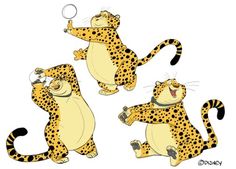 three cartoon cheetah cats playing with each other and one has its paw in the air