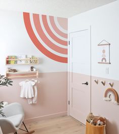 a child's room with pink and white walls