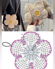 crocheted flowers are shown in three different pictures, one is white and the other is pink