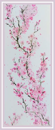 a painting of pink flowers on a light blue background