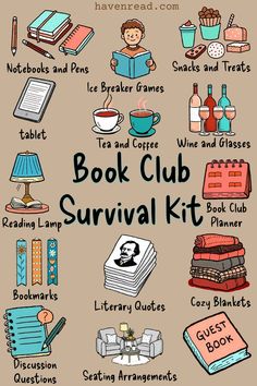 the book club survival kit is filled with books, cups and other things to read