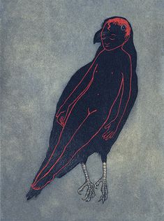 a drawing of a black bird with red feathers