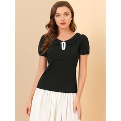 Elegant and feminine, this pretty blouse features an elastic cuff, a Peter Pan collar, and beautiful neckline decor, which is designed for your fashion look. The Peter Pan collar is designed with an elegant collar style, which is perfect for a feminine and girly style. This blouse is suitable for any occasion, like dating, work, office, or casual, and brings you a summer sense. The model is wearing an X-Small: Height: 5'7", Chest: 32 1/4 inches, Waist: 24 3/8 inches, Hip: 33 7/8 inches, Weight: Elegant Black Top With Doll Collar, Elegant Fitted Top With Elastic Neckline, Elegant Fitted Tops With Elastic Neckline, Fitted Blouse With Elastic Neckline, Elegant Solid Top With Peter Pan Collar, Elegant Solid Color Top With Peter Pan Collar, Elegant Solid Tops With Peter Pan Collar, Elegant Solid Color Tops With Peter Pan Collar, Black Fitted Top With Doll Collar