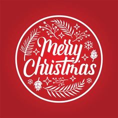 merry christmas lettering in a circle with leaves and snowflakes on a red background