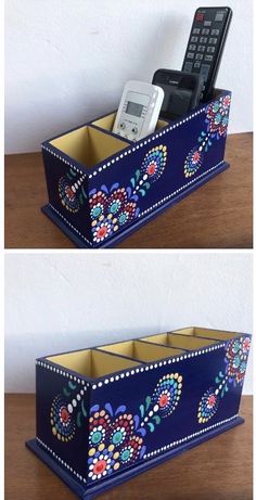 two pictures of a cell phone in a blue box with flowers and dots on it