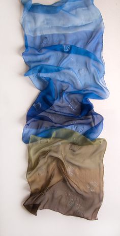 Ombre Silk Chiffon scarf hand painted/ Blue brown scarf with silver seashells/ Transparent scarf duo toned/ Silk painting/ Holidays gift mom/ Unique handmade gifts for women/ Blue silk scarf/ Long fashion scarf in decorative style/ size is:17'/70' or 45/180 cm, Dark Blue, brown scarf painted on silk chiffon Other Silk scarves by me; http://www.etsy.com/shop/klaradar?section_id=6054911 Transparent Scarf, Handmade Gifts For Women, Luxury Silk Scarves, Unique Handmade Gifts, Blue Silk Scarf, Brown Scarf, Silk Chiffon Scarves, Velvet Scarf, Hand Painted Scarves