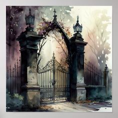 a painting of an iron gate with trees in the background