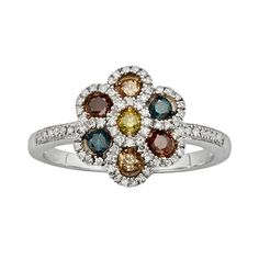 Blue, yellow and red diamonds add a sophisticated pop of color to this beautiful flower ring.Ring Details: Width: .65 in. Metal: white, pink, blue & yellow rhodium-plated sterling silverDiamond Details: Total weight: 1/2 ct. Cut: round Color: blue, yellow, red, G-J Clarity: I2-I3 Setting: prongImage(s) may be enlarged to show detail.Diamond weights are approximate. Diamond total weights may vary between .01 and .08 ct. Some diamonds have fewer than 17 facets.Gemstones may have been treated t Red Diamonds, Diamond Flower Ring, Silver Flower Ring, Blue Yellow Red, Pink Blue Yellow, Right Hand Rings, Red Diamond, Vintage Style Dresses, Sterling Silver Flowers