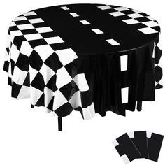 black and white checkered table cloths with matching squares on the top are ready to be used for an event