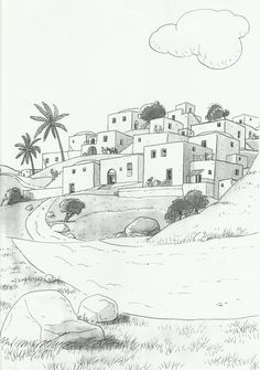 a black and white drawing of a village on a hill with palm trees in the background