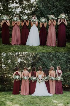 the bridesmaids are all wearing different dresses and bouquets