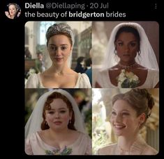 the brides are wearing tiaras and veils on their wedding day in different styles