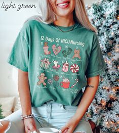 This "12 Days of NICU Nursing" shirt would make the perfect Christmas party tee for neonatal ICU nurses! Be sure to checkout my shop for more holiday NICU shirts and sweatshirts! * HOW TO ORDER * 1. Look through the photos at the different colors and the sizing chart (all shirts & sweatshirts are unisex sizing) 2. Select the size and color you want from the drop down menus. 3. Choose the quantity you want in that size and color. 4. If applicable, add your custom wording under the "personalization" tab. 5. Click "add to cart" then you can go back and add different colors and sizes the same way if wanted. 6. Click "proceed to check out" 7. Wait for your new favorite shirt or sweatshirt to come in and enjoy! * BELLA CANVAS 3001 SHIRT MATERIALS & WASHING INSTRUCTIONS * - 100% combed and ring-s Green Cotton Holiday Top, Green Cotton Top For Holidays, Holiday Green Tops With Letter Print, Green Holiday Tops With Letter Print, Green Graphic Print Top For Birthday, Green Short Sleeve Christmas Tops, Cute Holiday Graphic Print Tops, Green Christmas Letter Print Top, Green Graphic Print Top For Holiday