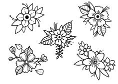 four different types of flowers are shown in this coloring page, with one flower on the left