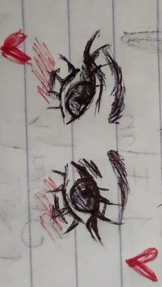 two drawings on lined paper with red and black ink