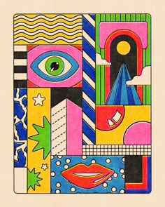 a drawing of an eye surrounded by colorful shapes and lines, with stars on each side