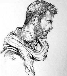 a black and white drawing of a man wearing a scarf