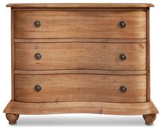 a wooden dresser with three drawers and two knobs on the bottom drawer, against a white background