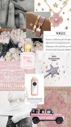 a collage with pink and white flowers, jewelry, and other things in it