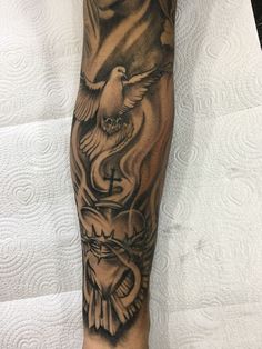 Men’s Sleeve Tattoo Ideas Unique, Forearm Sleeve Tattoo For Men Ideas, God Is Gracious Tattoo, Greek Forearm Tattoo Men, Smokey Tattoo Ideas, Biblical Tattoos Sleeve, Under Bicep Tattoo For Men, Forearm Tattoo Men Sleeve Clouds, Outside Forearm Tattoo Men Sleeve