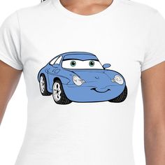 a women's white t - shirt with a blue car drawn on the front