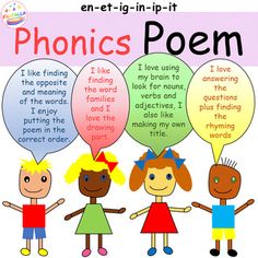 three children holding up speech bubbles with words above them that read phonics poem