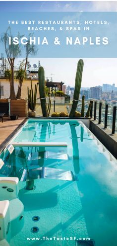 an outdoor swimming pool with cactus in the background and text overlay that reads best restaurants, hotels, and spas ischia & naples