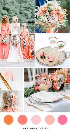 an orange and pink wedding color scheme with peachs, corals, and greens