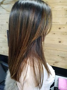 Black Hair And Brown Highlights, Simple Highlights For Dark Brown Hair, Asian Brown Highlights, Medium Length Black Hair With Highlights, 4c Highlights, Auburn Highlights In Black Hair, Cool Toned Highlights On Dark Hair, Asian Hair With Highlights, Brown Hair With Black Highlights