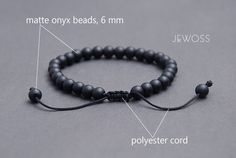 "Black minimalist bracelet. Matte Onyx Matching jewelry. Give a gift with Intention! The Matte Onyx bracelet is a perfect choice for a gift full of meaning and personal significance. Components: ♦ Matte Onyx beads, 6mm in diameter ♦ Polyester cord ONYX * Protection * Strength * Good Luck * Healing * Astrological signs: Leo, Capricorn, Gemini Primary Chakra: Root Black onyx is one of the most unique and powerful stones. It is best known for its protective qualities. Black onyx is an excellent sto Durable Black Braided Bracelets As Gift, Durable Black Braided Bracelet As Gift, Durable Black Braided Bracelet Gift, Minimalist Adjustable Durable Bracelet, Black Round Bracelets With Sliding Knot, Protection Energy, Capricorn Gemini, Suede Bracelet, Chakra Root