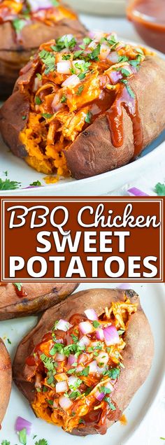 baked sweet potatoes with bbq chicken and sweet potato toppings on top, sitting on a white plate