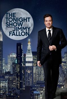 a man in a suit and tie standing on top of a building with the words tonight show jimmy falcon