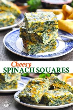 spinach squares stacked on top of each other with the title in the middle above