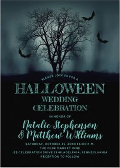 a halloween wedding party with bats and trees in the dark sky, on an overcast night