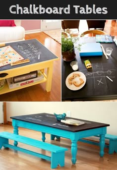 the table is painted blue and has chalkboard on it