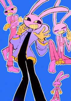 an image of a cartoon character with pink bunny ears and black pants, holding onto the back of another character's head