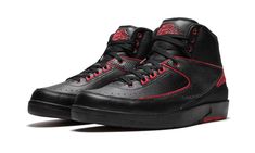 Black and varsity red leather Air Jordan 2 Retro sneakers from jordan featuring an ankle length, a lace-up front fastening, a round toe and a flat rubber sole.  Supplied by a premier sneaker marketplace dealing with unworn, already sold out, in demand rarities.  Each product is rigorously inspected by experienced experts guaranteeing authenticity. Jordan Leather Shoes With Rubber Sole And Round Toe, Leather Jordan Shoes With Rubber Sole And Round Toe, Leather Jordan Shoes With Rubber Sole, Leather Jordan Lace-up Shoes, High-top Jordan Shoes For Streetwear, Jordan Mid-top Shoes With Rubber Sole For Streetwear, Mid-top Jordan Shoes With Rubber Sole For Streetwear, Jordan Lace-up Shoes With Boost Midsole For Streetwear, Streetwear High-top Sneakers With Red Sole