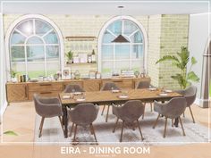 an image of a dining room setting in the middle of a living area with large windows