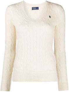 cable-knit V-neck jumper from POLO RALPH LAUREN featuring cream white, wool-cashmere blend, cable knit, embroidered logo at the chest, V-neck, long sleeves and straight hem. Polo Sweaters Women, Polo Ralph Lauren Sweater, Polo Ralph Lauren Women, Cashmere Blend Sweater, Ralph Lauren Women, Cold Weather Outfits, Ralph Lauren Sweater, Polo Shirt Women, Ralph Lauren Womens