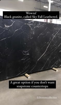 black granite called sky fall leathered, is displayed in a store with the caption above it