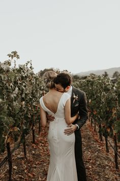 a bride and groom standing in the middle of a vineyard with their arms around each other