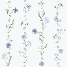 blue flowers and green leaves on a white wallpaper with vertical lines in the background