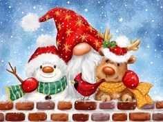 two snowmen are standing next to each other in front of a brick wall with santa hats on