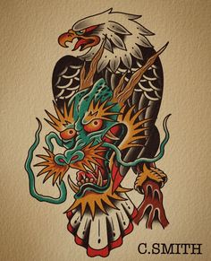 an eagle and dragon tattoo design on the back of a t - shirt that says c smith