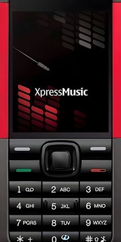 a red and black cell phone with the word xpress music on it's screen