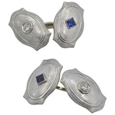 These 1920's French cuff-links are laminate made by rolling two sheets of metal together imprinting the beautiful intricate design. Made of 14K white gold and platinum these antique cuff-links have substantial weight and are a piece of history. The diamonds are round and the sapphires are French-cut creating a great contrast in color and cut. Argentium Silver Jewelry, 1920 Art Deco, 1920 Art, Cufflinks Gold, Filigree Ring Gold, Watch Cufflinks, Platinum Diamond Engagement Rings, Rene Lalique, French Cuff