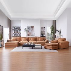 a living room filled with lots of furniture and a white rug on top of a hard wood floor